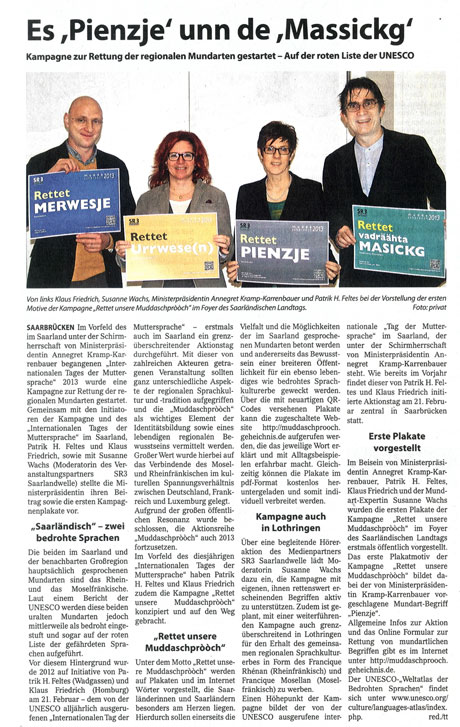 Titelstory 'Es Pienzje und de Masickg' der saarlndischen Wochenzeitung 'Die Woch' vom 16. Februar 2013
